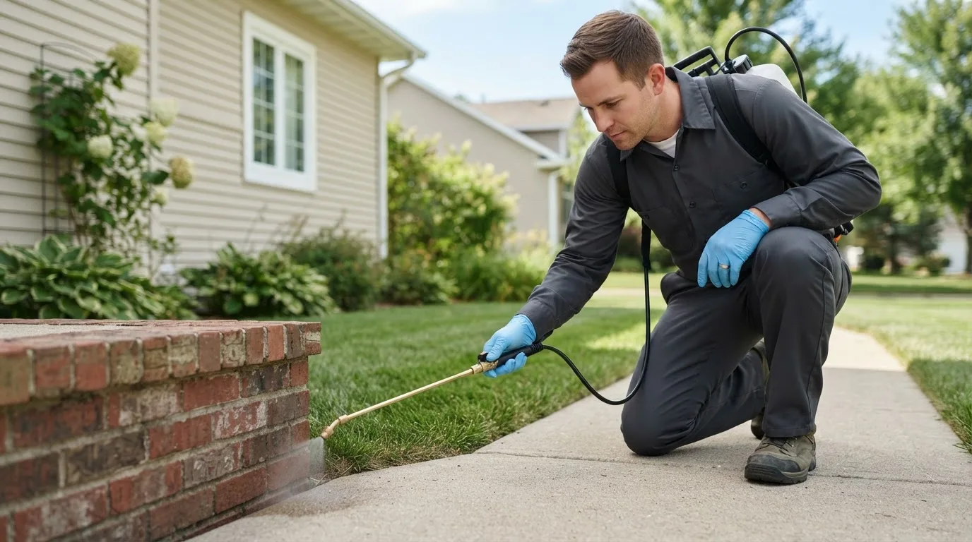 Pest control technician treating a home near Herminie, PA